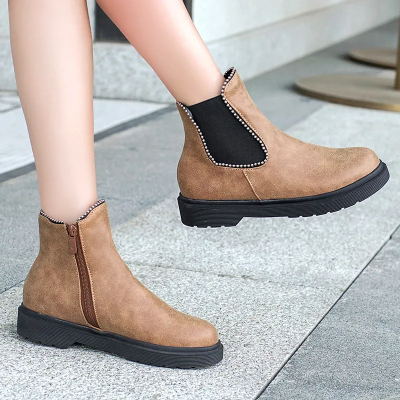 Bigsizeheels Thread Round Toe Slip-On Color Block Casual Boots - Brown