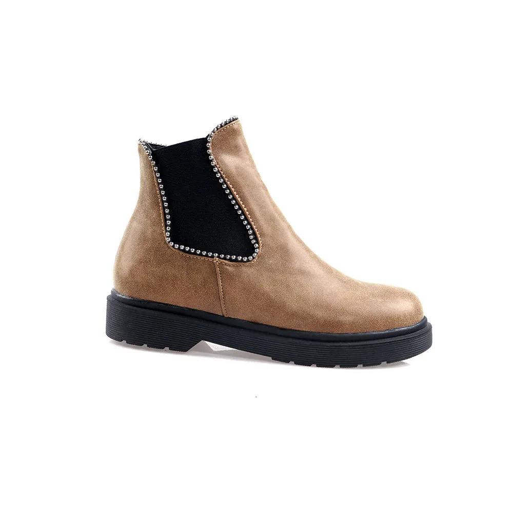Bigsizeheels Thread Round Toe Slip-On Color Block Casual Boots - Brown