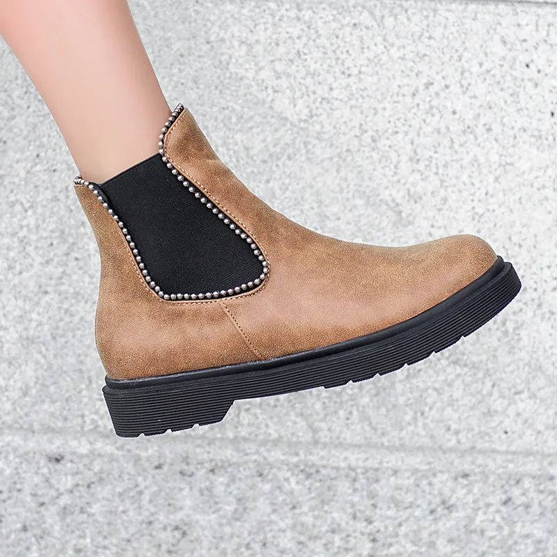Bigsizeheels Thread Round Toe Slip-On Color Block Casual Boots - Brown