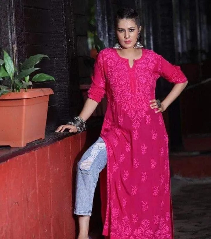 Dark Pink Black Breezy Bliss Dyed Viscose Long Kurti