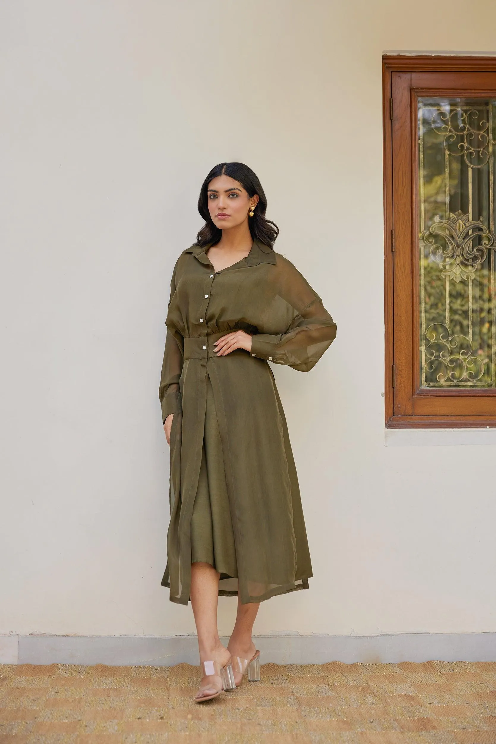 Olive Green Solid Organza Jacket Set (Set of Two)