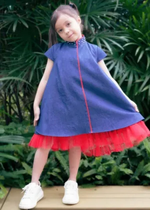 Qipology x China Doll Kids Qipao (Denim/ Red)