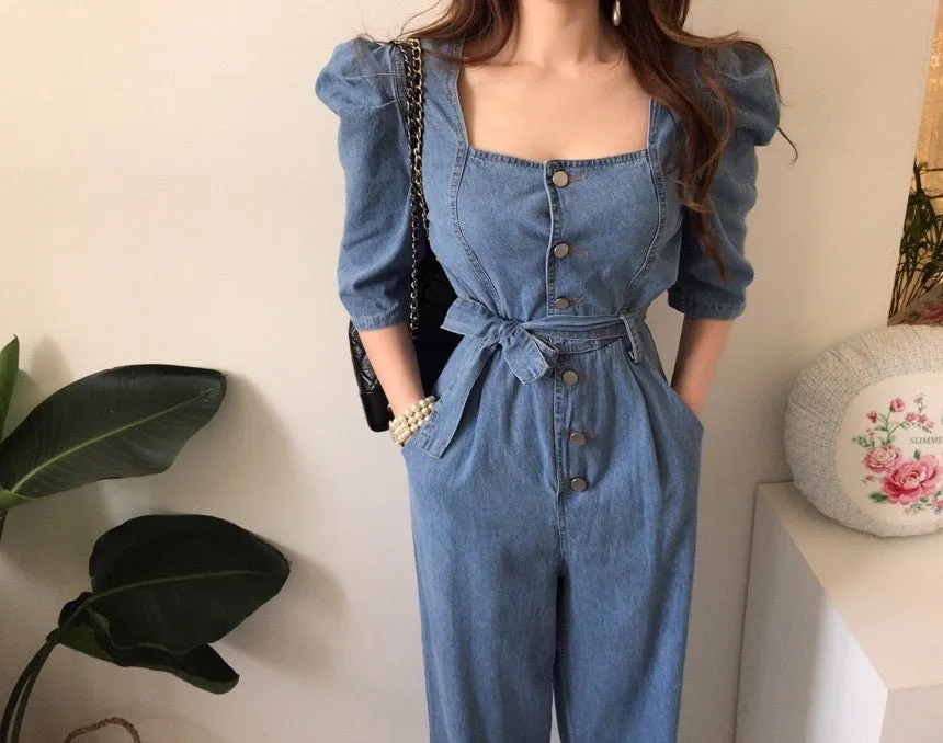 Square Neck Belted Denim Jumpsuit