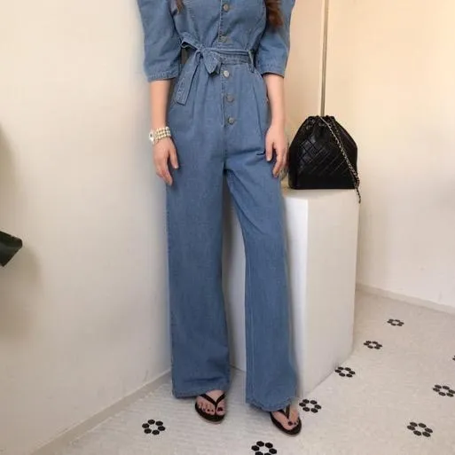 Square Neck Belted Denim Jumpsuit