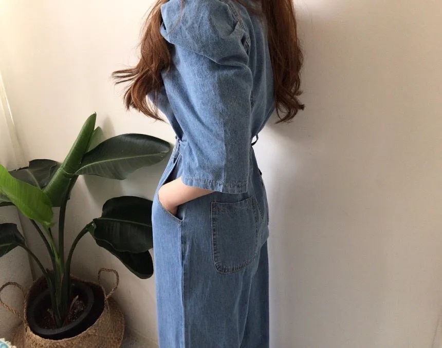 Square Neck Belted Denim Jumpsuit