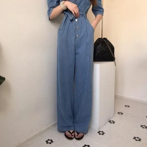 Square Neck Belted Denim Jumpsuit