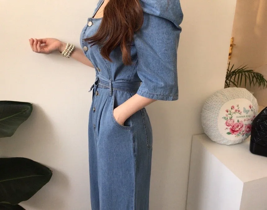 Square Neck Belted Denim Jumpsuit