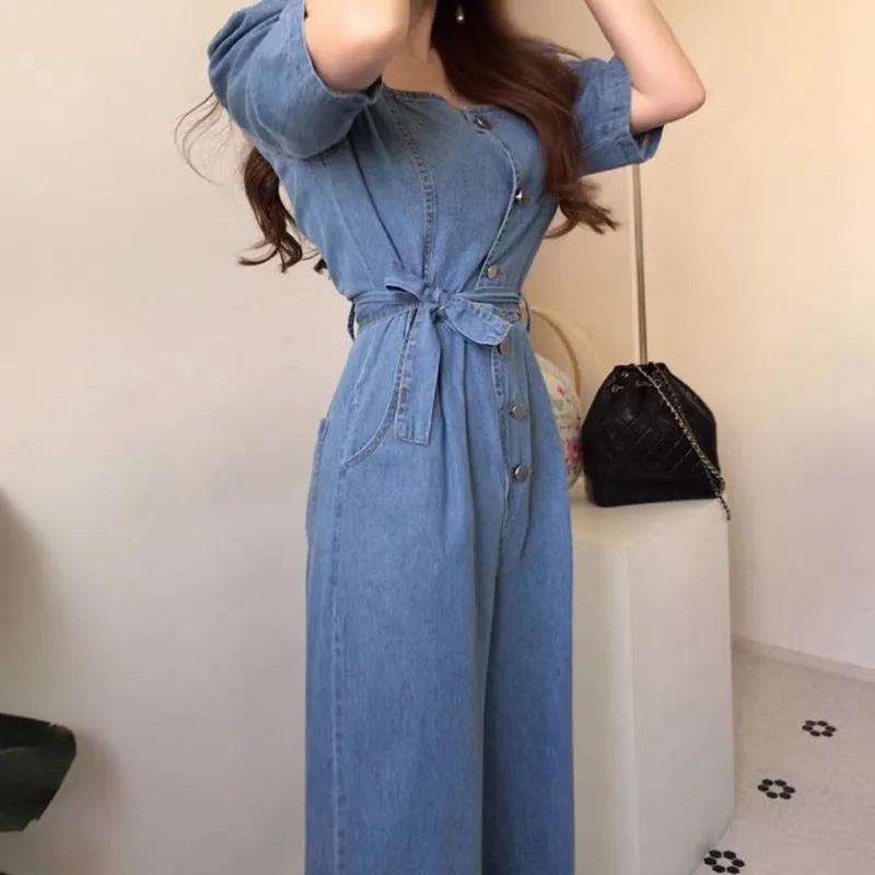 Square Neck Belted Denim Jumpsuit