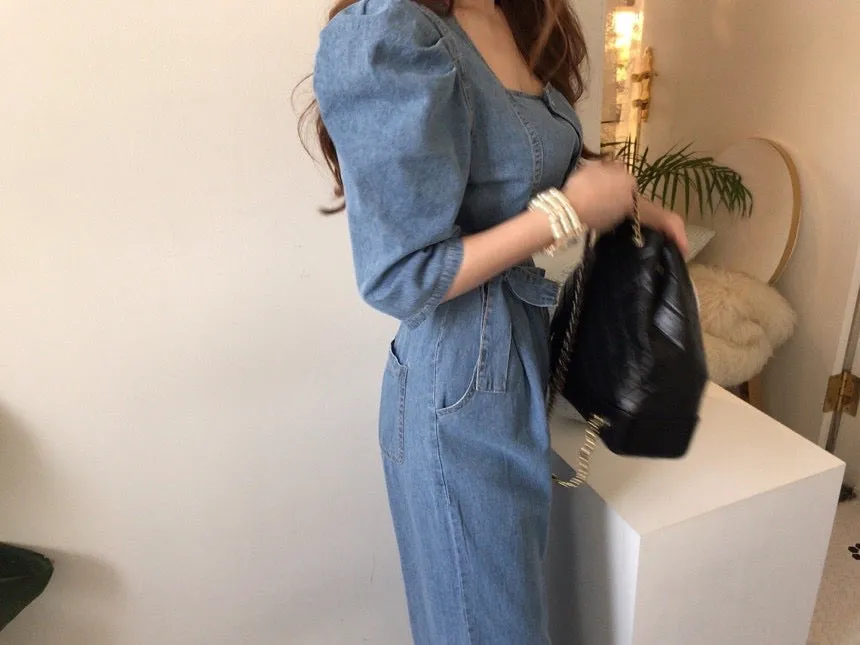 Square Neck Belted Denim Jumpsuit