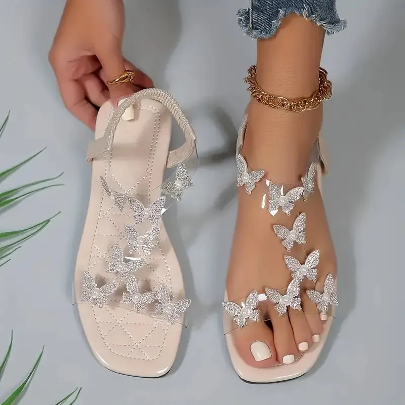 Women's Flat Sandals with Rhinestone Butterfly